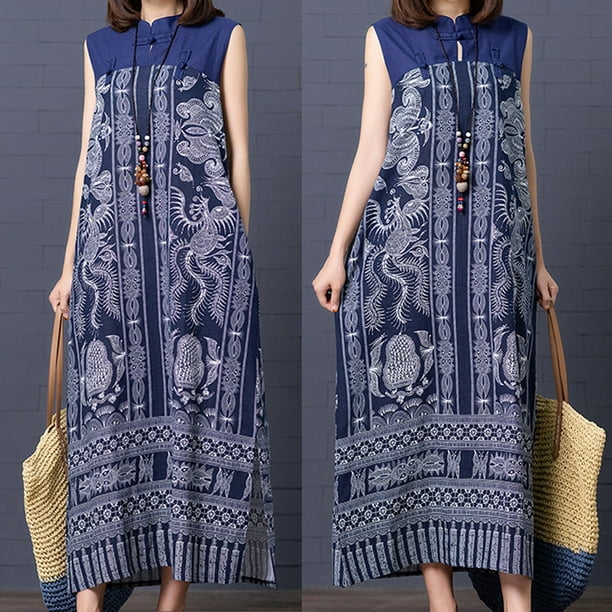 Women Linen Print O-Neck Sleeveless Dress Fashion Women’s Lrregular Casual Dress Plus Size Women Linen Print O-Neck Sleeveless Dress Fashion Women’s Lrregular Casual Dress Plus Size